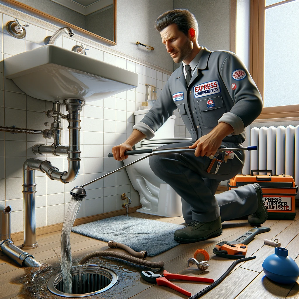 Technicien d'Express Plombier Chauffagiste en train de déboucher une canalisation, équipé d'outils professionnels, dans un cadre de salle de bain.